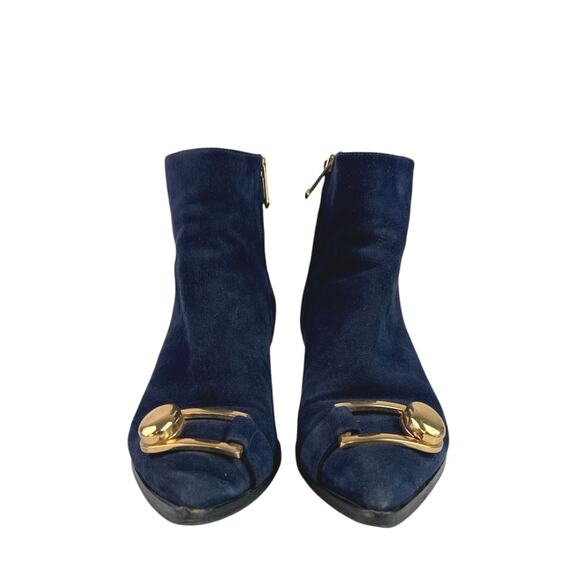 Stella Luna Blue Suede Leather Pointed Toe Gold Accent Zip Ankle Boots 37 US 6.5 - Picture 2 of 9